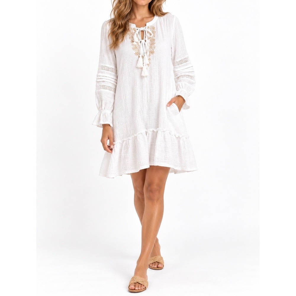 Calme Women Shift Dress White Embroidered Henley Tie Long Sleeve Cotton Size M